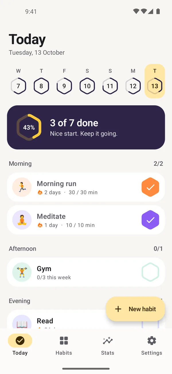 Bee Steady's Today screen: 3 of 7 habits done, with a morning run and meditation checked off